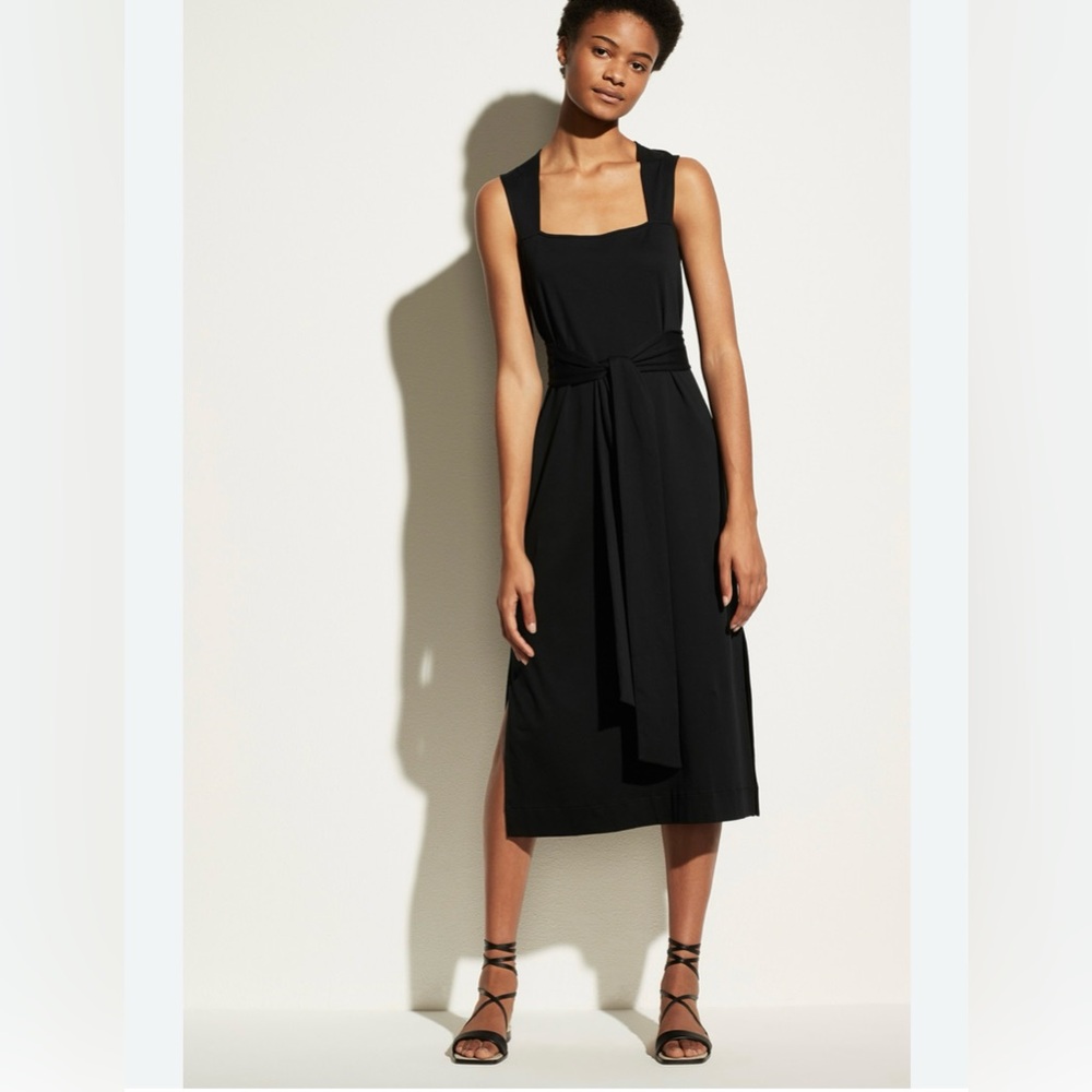 NWT Vince 100% Pima Cotton Square Neck, Tie Waist Dress, Size L, Color Black